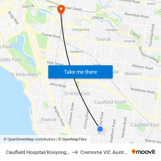 Caulfield Hospital/Kooyong Rd to Cremorne VIC Australia map