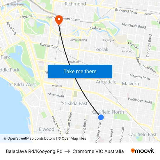 Balaclava Rd/Kooyong Rd to Cremorne VIC Australia map
