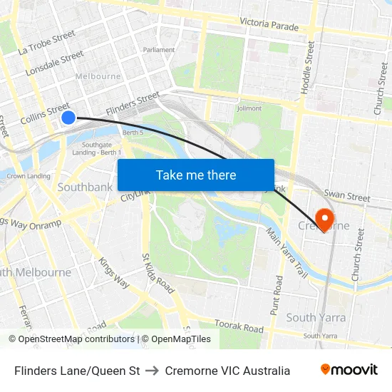 Flinders Lane/Queen St to Cremorne VIC Australia map