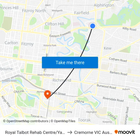 Royal Talbot Rehab Centre/Yarra Bvd to Cremorne VIC Australia map
