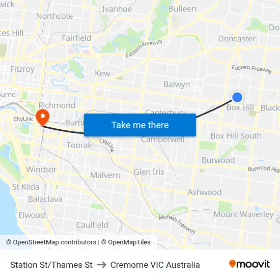 Station St/Thames St to Cremorne VIC Australia map