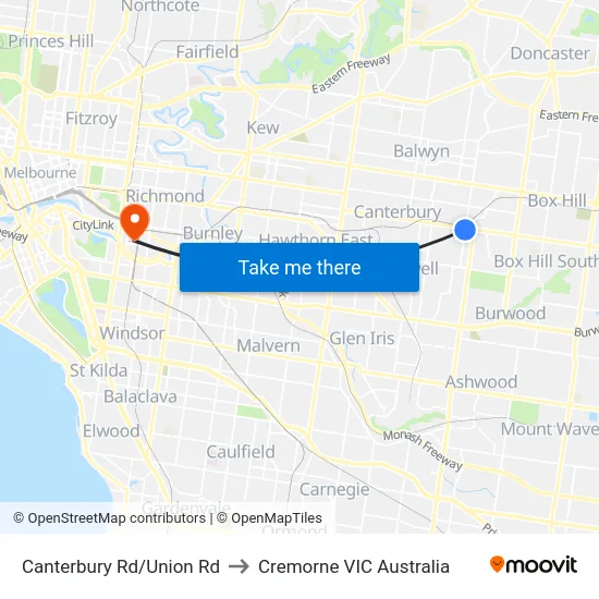 Canterbury Rd/Union Rd to Cremorne VIC Australia map