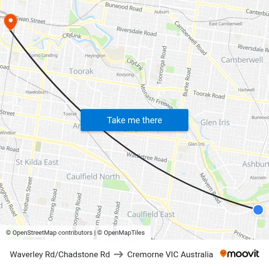 Waverley Rd/Chadstone Rd to Cremorne VIC Australia map