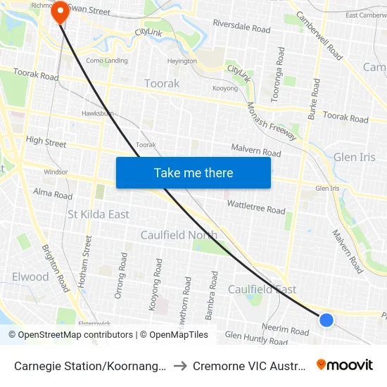 Carnegie Station/Koornang Rd to Cremorne VIC Australia map