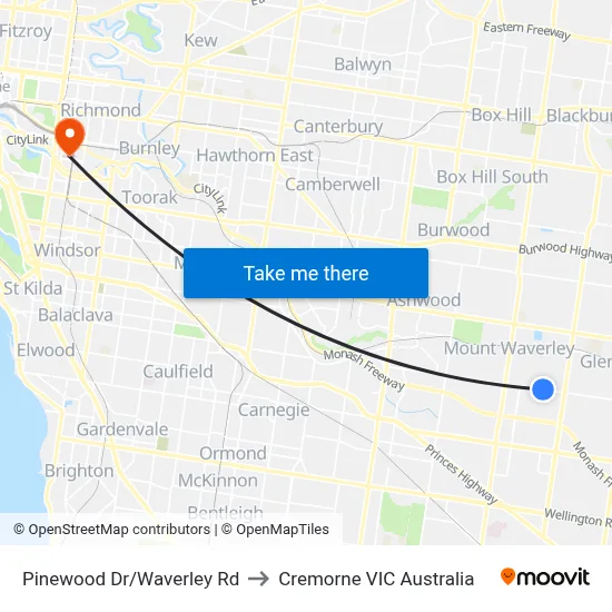 Pinewood Dr/Waverley Rd to Cremorne VIC Australia map