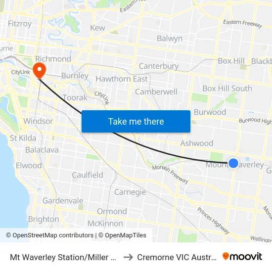 Mt Waverley Station/Miller Cres to Cremorne VIC Australia map