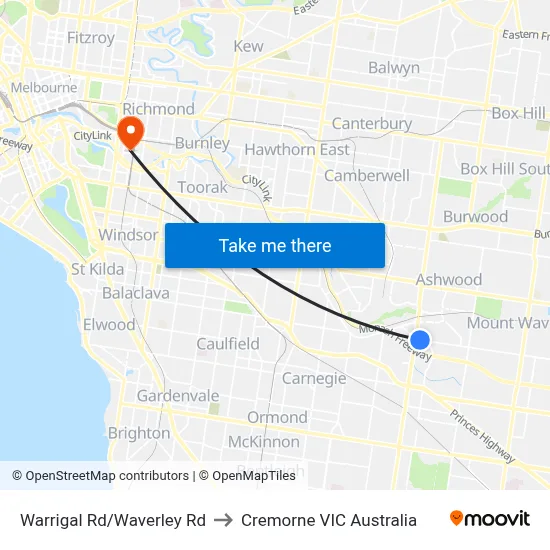 Warrigal Rd/Waverley Rd to Cremorne VIC Australia map