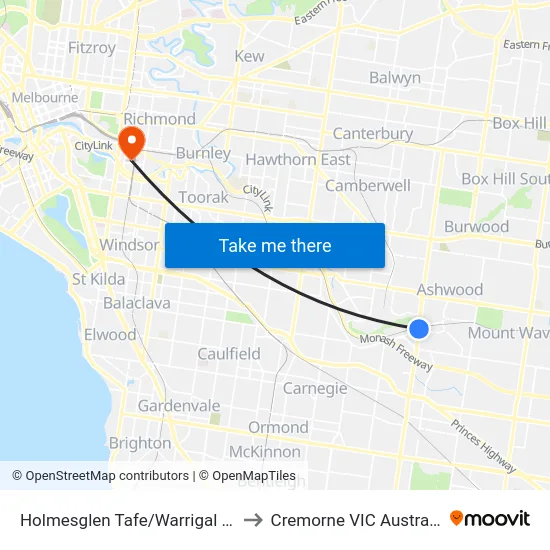 Holmesglen Tafe/Warrigal Rd to Cremorne VIC Australia map