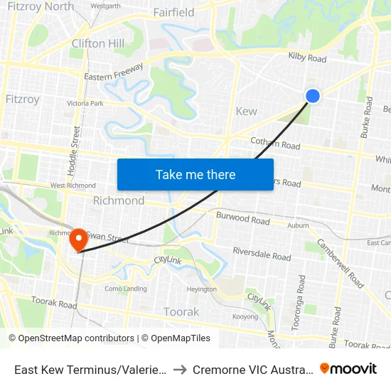 East Kew Terminus/Valerie St to Cremorne VIC Australia map