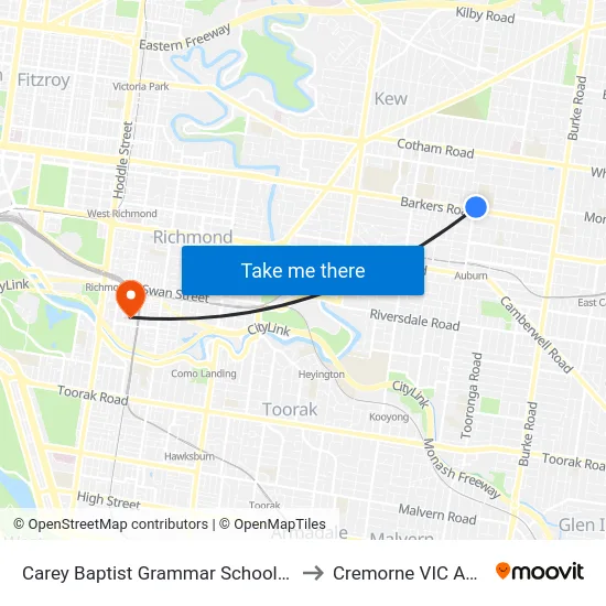Carey Baptist Grammar School/Wrixon St to Cremorne VIC Australia map