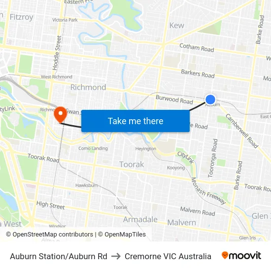 Auburn Station/Auburn Rd to Cremorne VIC Australia map