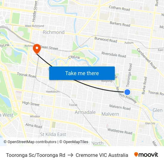 Tooronga Sc/Tooronga Rd to Cremorne VIC Australia map