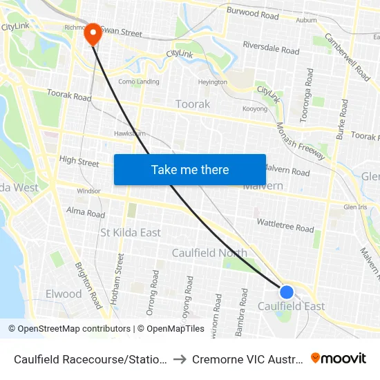 Caulfield Racecourse/Station St to Cremorne VIC Australia map