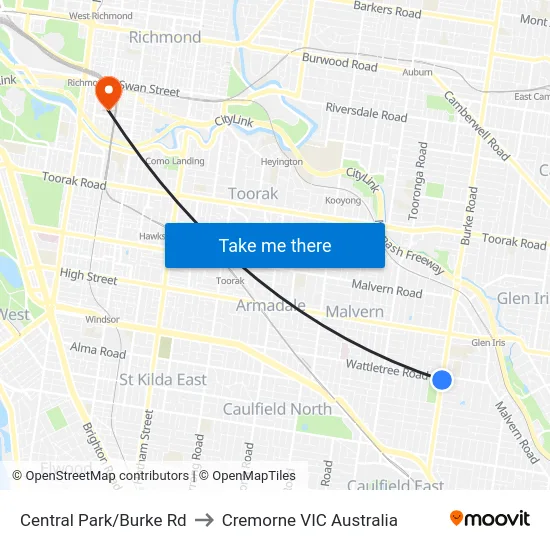 Central Park/Burke Rd to Cremorne VIC Australia map