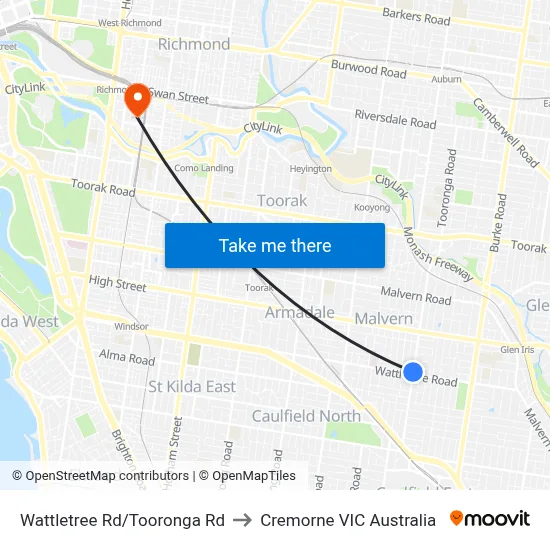 Wattletree Rd/Tooronga Rd to Cremorne VIC Australia map