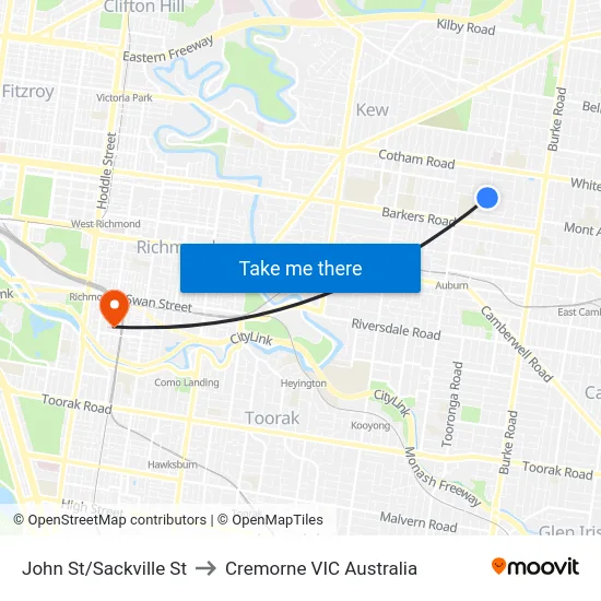 John St/Sackville St to Cremorne VIC Australia map