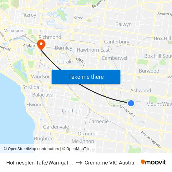 Holmesglen Tafe/Warrigal Rd to Cremorne VIC Australia map