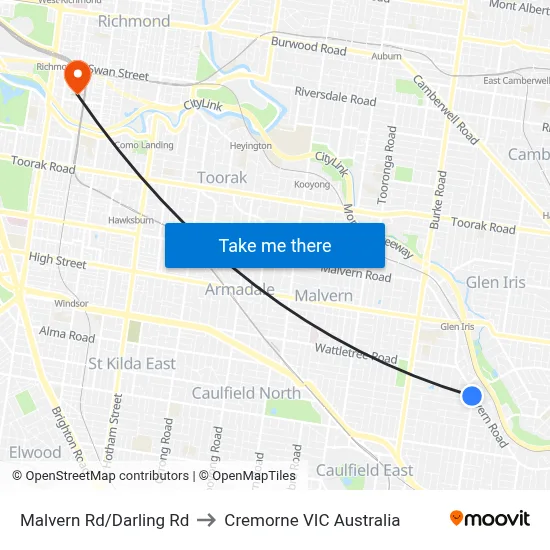 Malvern Rd/Darling Rd to Cremorne VIC Australia map