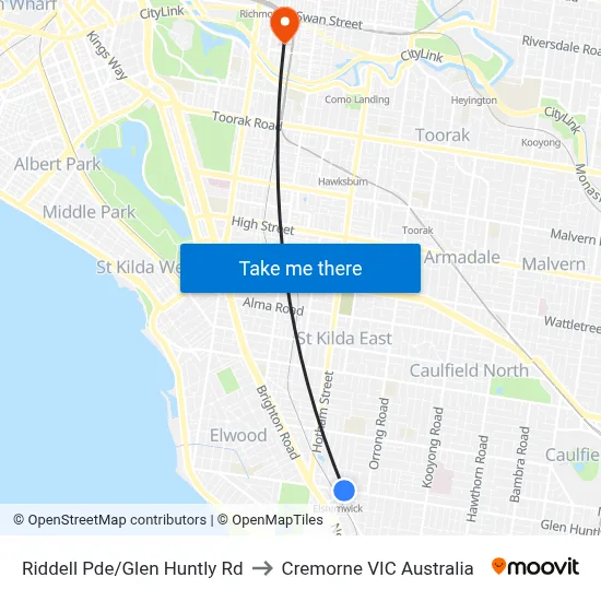 Riddell Pde/Glen Huntly Rd to Cremorne VIC Australia map