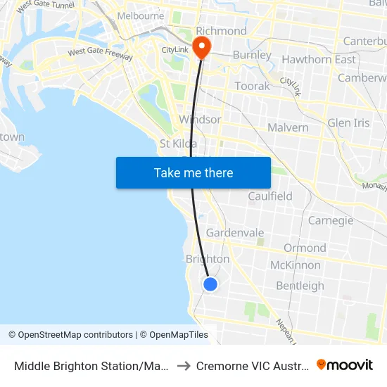 Middle Brighton Station/Male St to Cremorne VIC Australia map