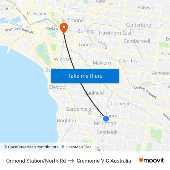Ormond Station/North Rd to Cremorne VIC Australia map