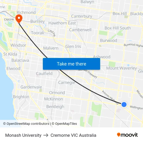 Monash University to Cremorne VIC Australia map