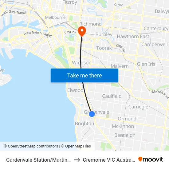 Gardenvale Station/Martin St to Cremorne VIC Australia map
