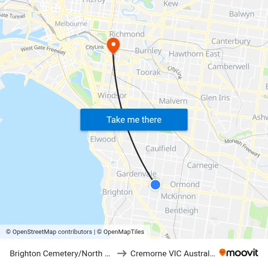 Brighton Cemetery/North Rd to Cremorne VIC Australia map