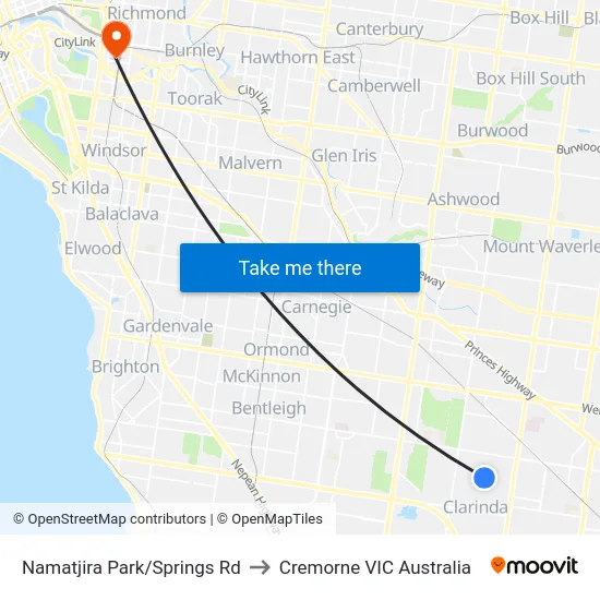 Namatjira Park/Springs Rd to Cremorne VIC Australia map