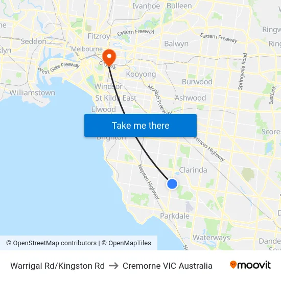 Warrigal Rd/Kingston Rd to Cremorne VIC Australia map