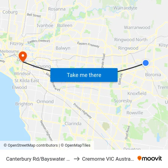 Canterbury Rd/Bayswater Rd to Cremorne VIC Australia map
