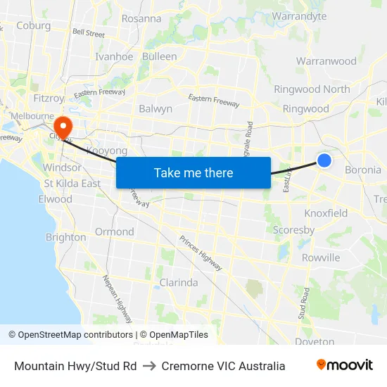 Mountain Hwy/Stud Rd to Cremorne VIC Australia map
