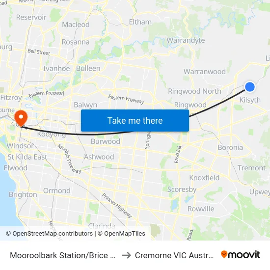 Mooroolbark Station/Brice Ave to Cremorne VIC Australia map