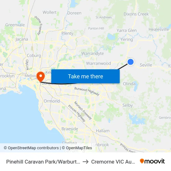 Pinehill Caravan Park/Warburton Hwy to Cremorne VIC Australia map