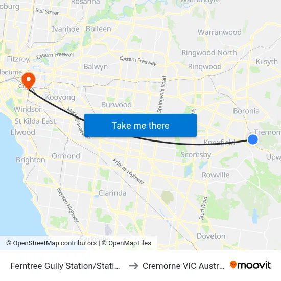 Ferntree Gully Station/Station St to Cremorne VIC Australia map