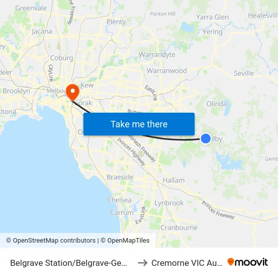 Belgrave Station/Belgrave-Gembrook Rd to Cremorne VIC Australia map