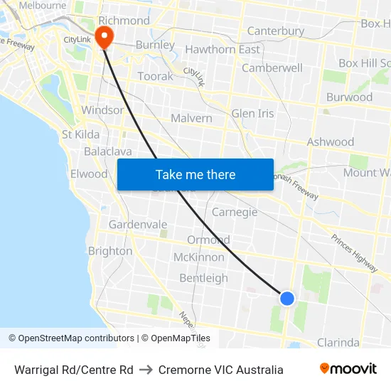 Warrigal Rd/Centre Rd to Cremorne VIC Australia map