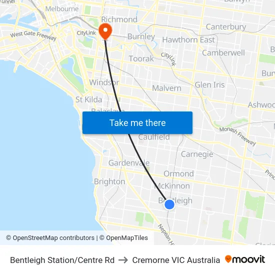 Bentleigh Station/Centre Rd to Cremorne VIC Australia map