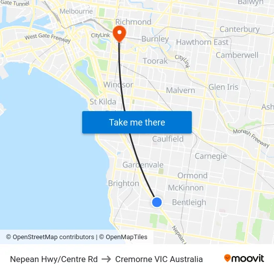 Nepean Hwy/Centre Rd to Cremorne VIC Australia map