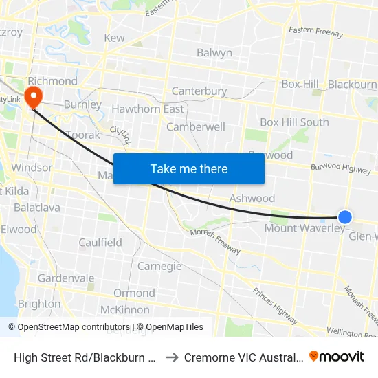 High Street Rd/Blackburn Rd to Cremorne VIC Australia map