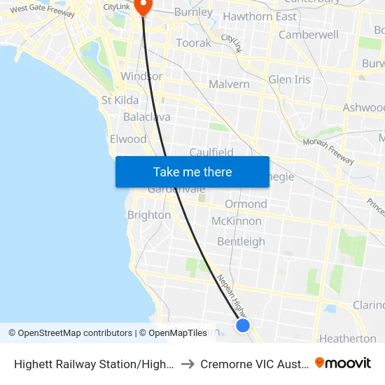Highett Railway Station/Highett Rd to Cremorne VIC Australia map