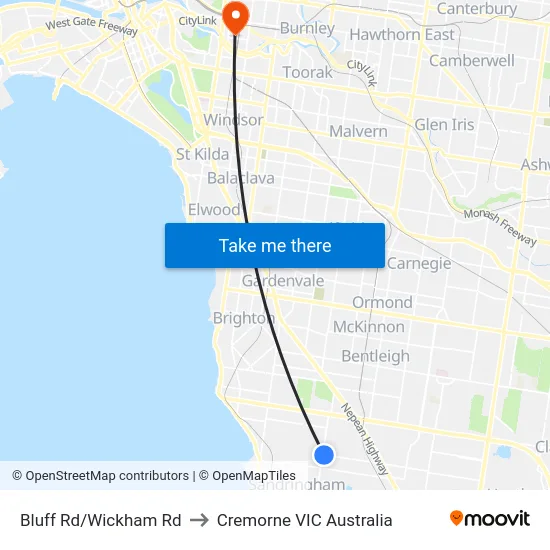 Bluff Rd/Wickham Rd to Cremorne VIC Australia map