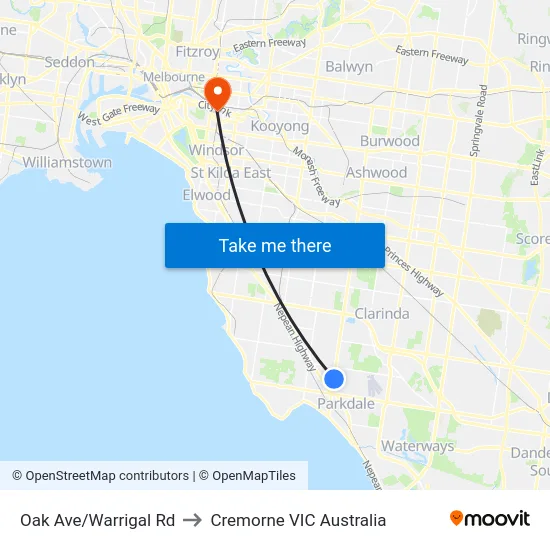 Oak Ave/Warrigal Rd to Cremorne VIC Australia map