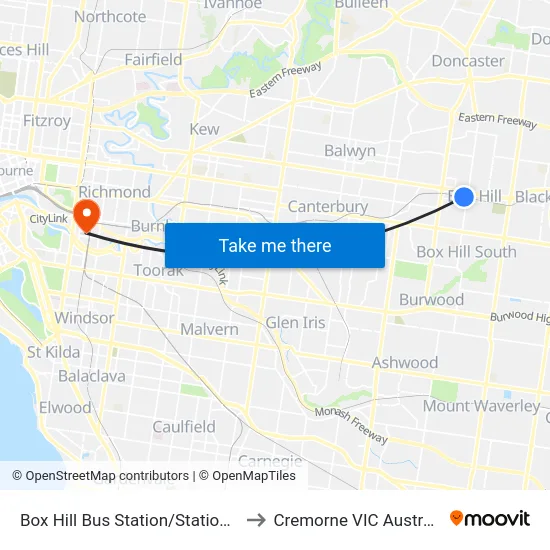 Box Hill Bus Station/Station St to Cremorne VIC Australia map