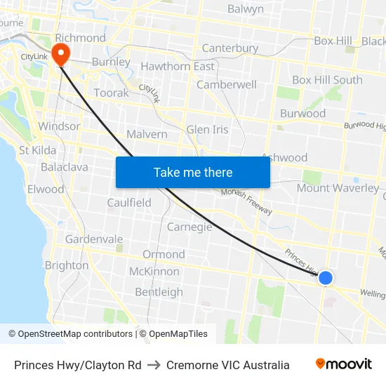 Princes Hwy/Clayton Rd to Cremorne VIC Australia map