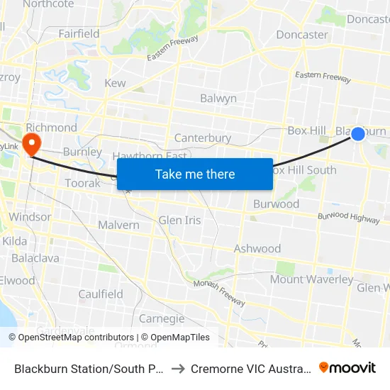 Blackburn Station/South Pde to Cremorne VIC Australia map
