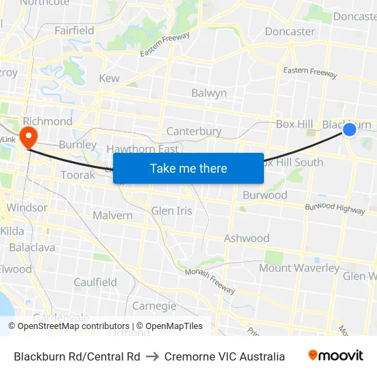 Blackburn Rd/Central Rd to Cremorne VIC Australia map