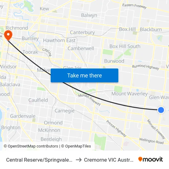 Central Reserve/Springvale Rd to Cremorne VIC Australia map