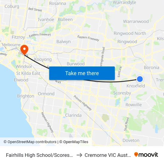 Fairhills High School/Scoresby Rd to Cremorne VIC Australia map