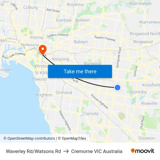 Waverley Rd/Watsons Rd to Cremorne VIC Australia map